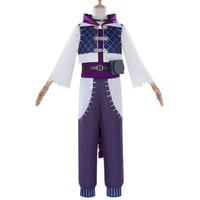 wood mannequin full front view jabber gachiakuta cosplay purple hood top grid vest two tone stitched loose harem pants