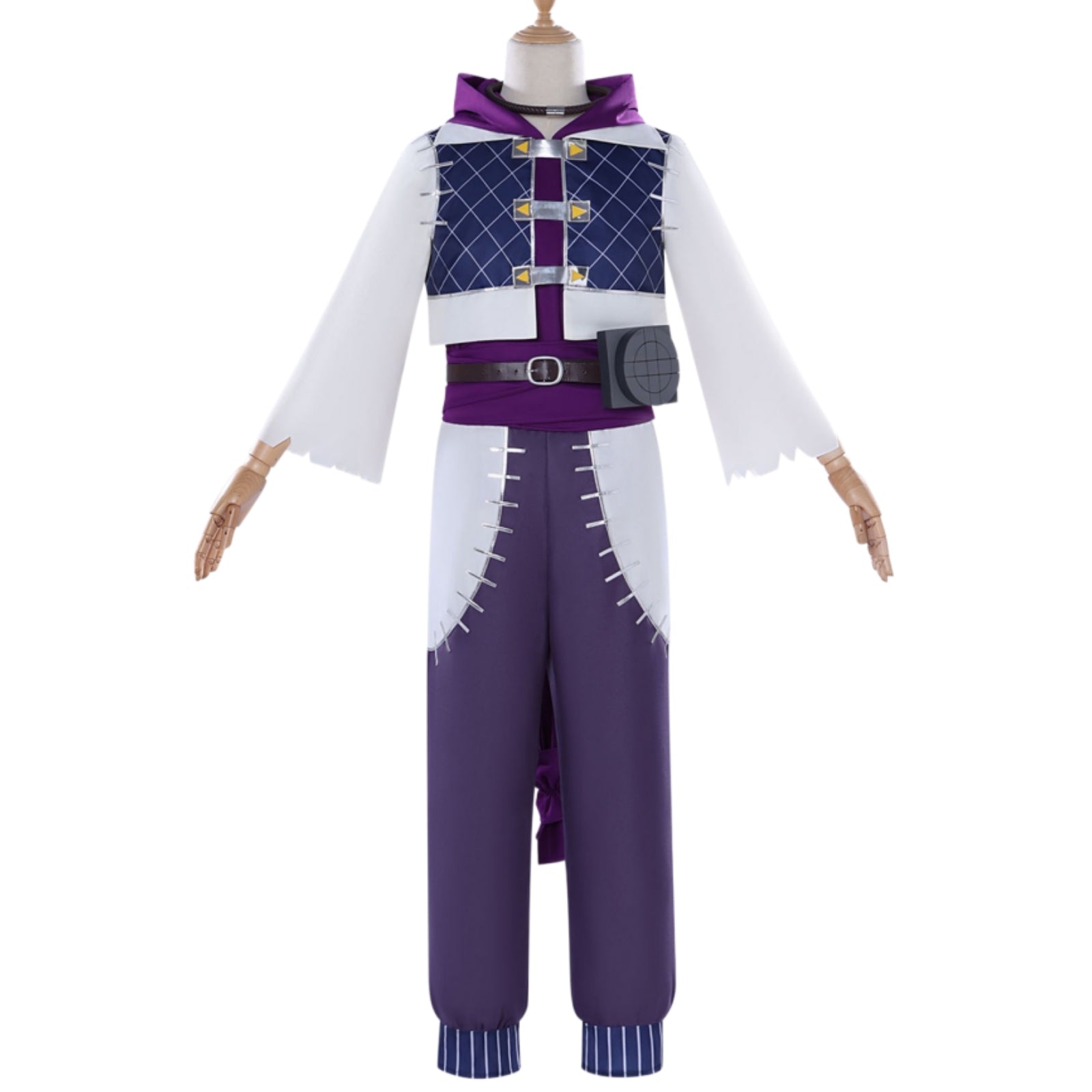 wood mannequin full front view jabber gachiakuta cosplay purple hood top grid vest two tone stitched loose harem pants