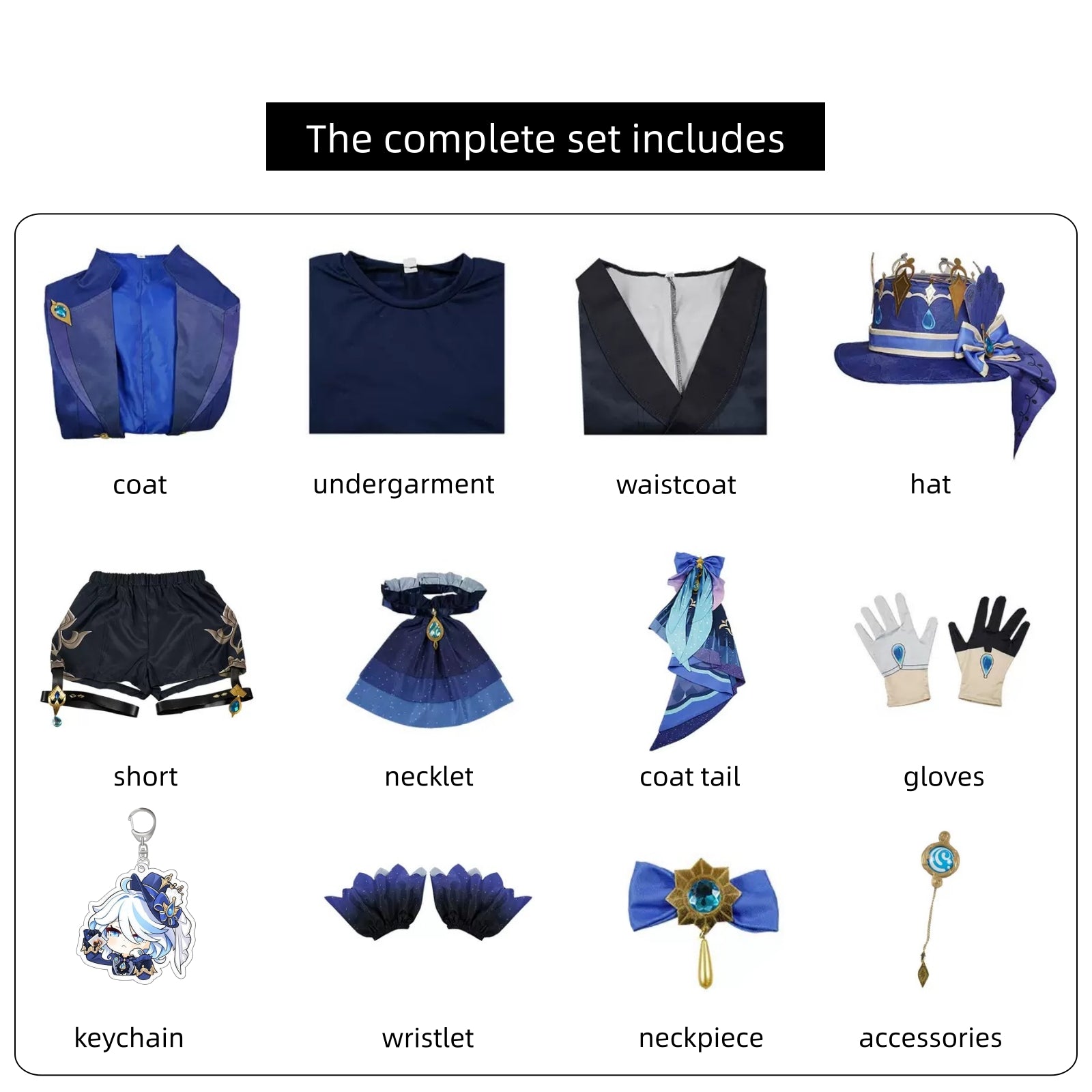 genshin cosplay furina costume complete parts black uniform accessory breakdown