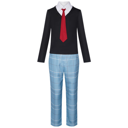my dress-up darling boy school uniform black v-neck inner shirt red tie grid long pants