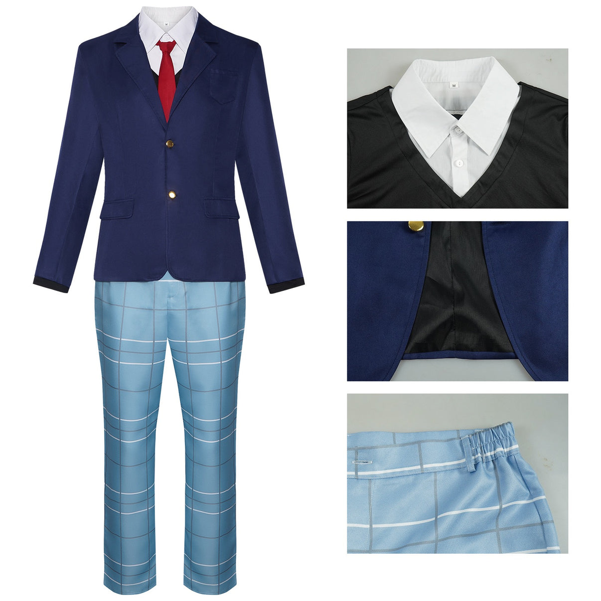 my dress-up darling wakana cosplay inner shirt collar navy blazer lining plaid trouser elastic waist close up
