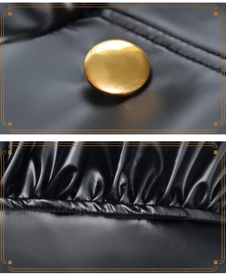 black patent leather rem ram bunny cos bodysuit gold round button neat ruffle stitching detail