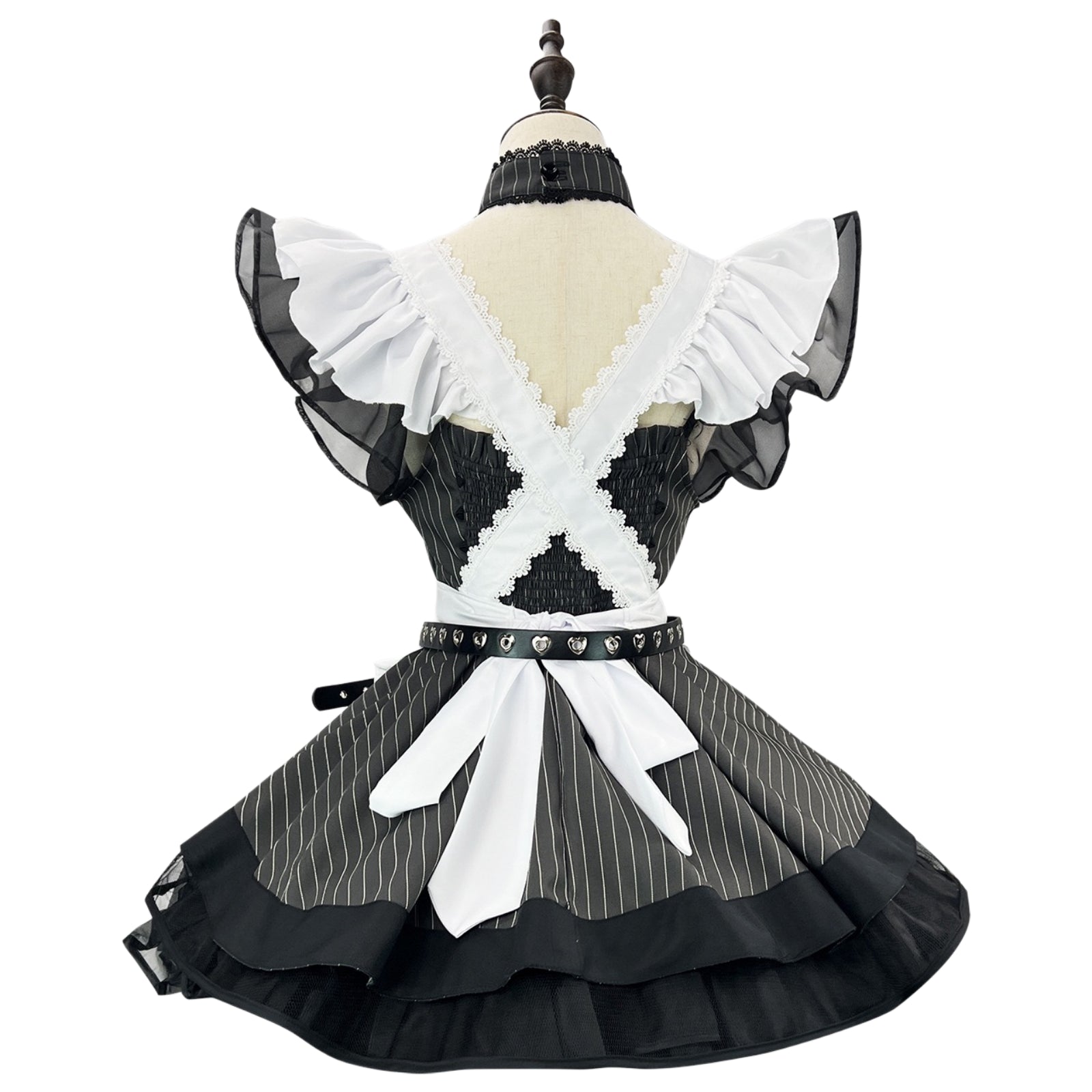 black white striped lolita maid dress back lace cross design frill apron heart belt choker