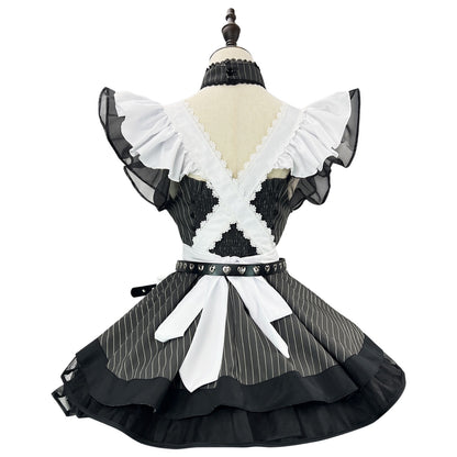 black white striped lolita maid dress back lace cross design frill apron heart belt choker