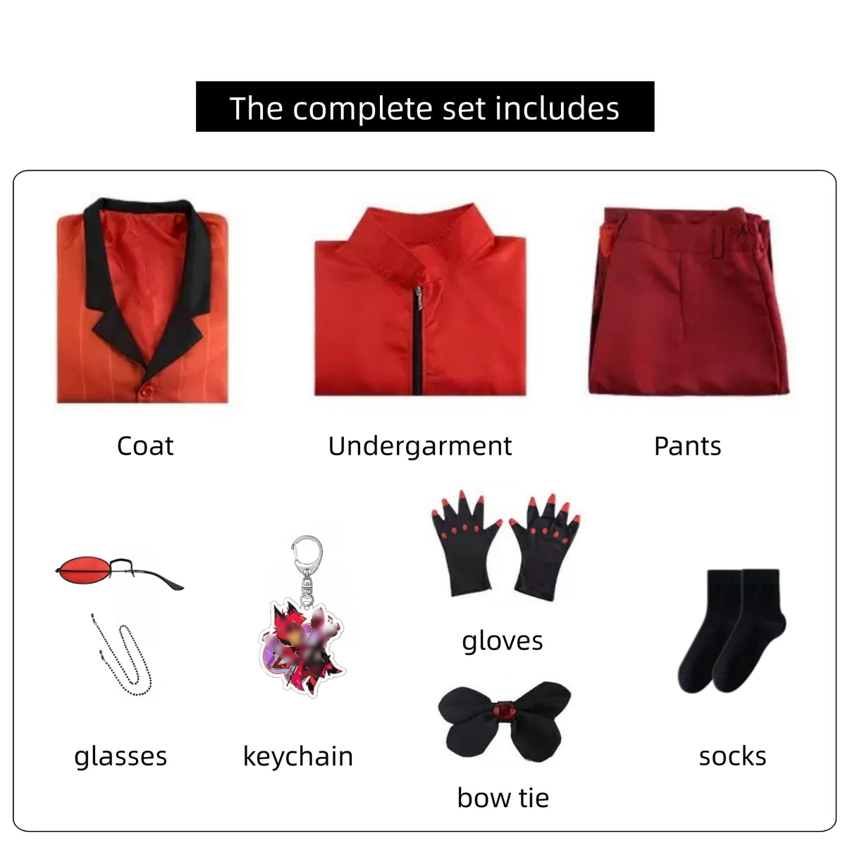 hazbin hotel alastor cosplay complete accessories breakdown coat undergarment pants glasses keychain gloves bow tie socks