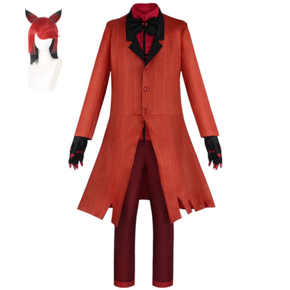 hazbin hotel alastor cosplay full set with red demon wig radio demon red coat pants gloves outfit for halloween