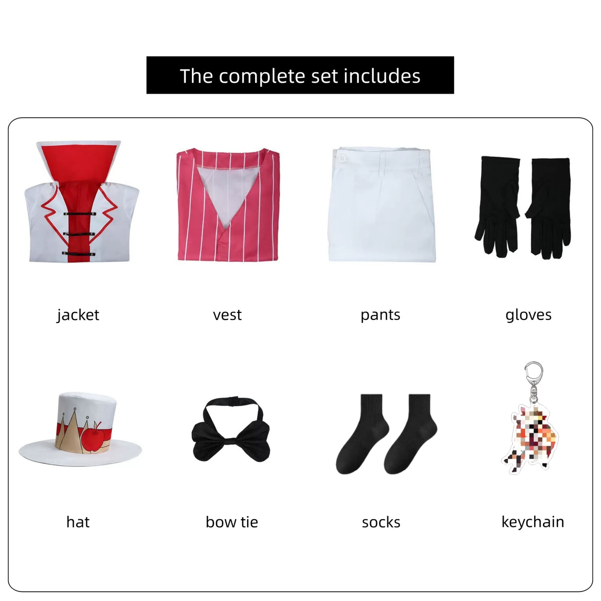 hazbin hotel lucifer cosplay accessories breakdown white coat pink vest trousers gloves apple top hat bow tie socks keychain