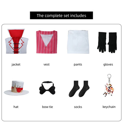 hazbin hotel lucifer cosplay accessories breakdown white coat pink vest trousers gloves apple top hat bow tie socks keychain