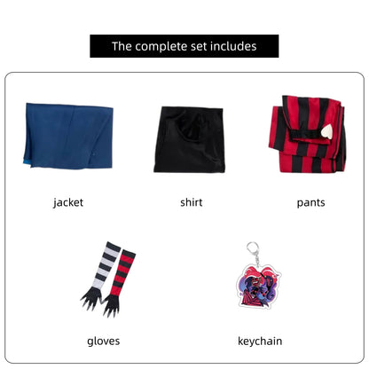 hazbin hotel velvette cosplay accessories breakdown blue long vest black top striped trousers striped finger gloves character keychain
