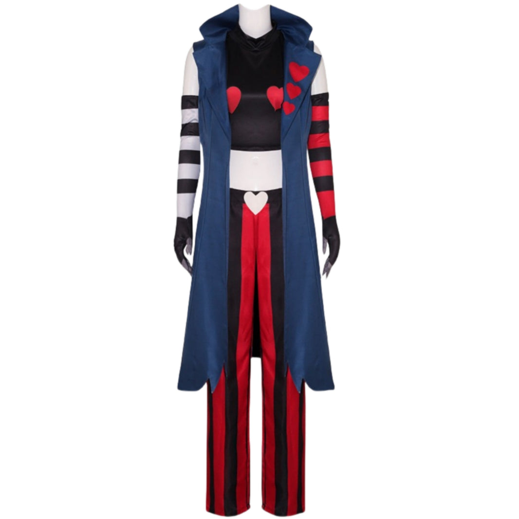 hazbin hotel velvette cosplay blue sleeveless coat black crop top red striped pants heart print costume