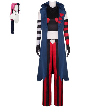 hazbin hotel velvette cosplay full outfit red black striped uniform with pink two tone long wig anime party cosplay