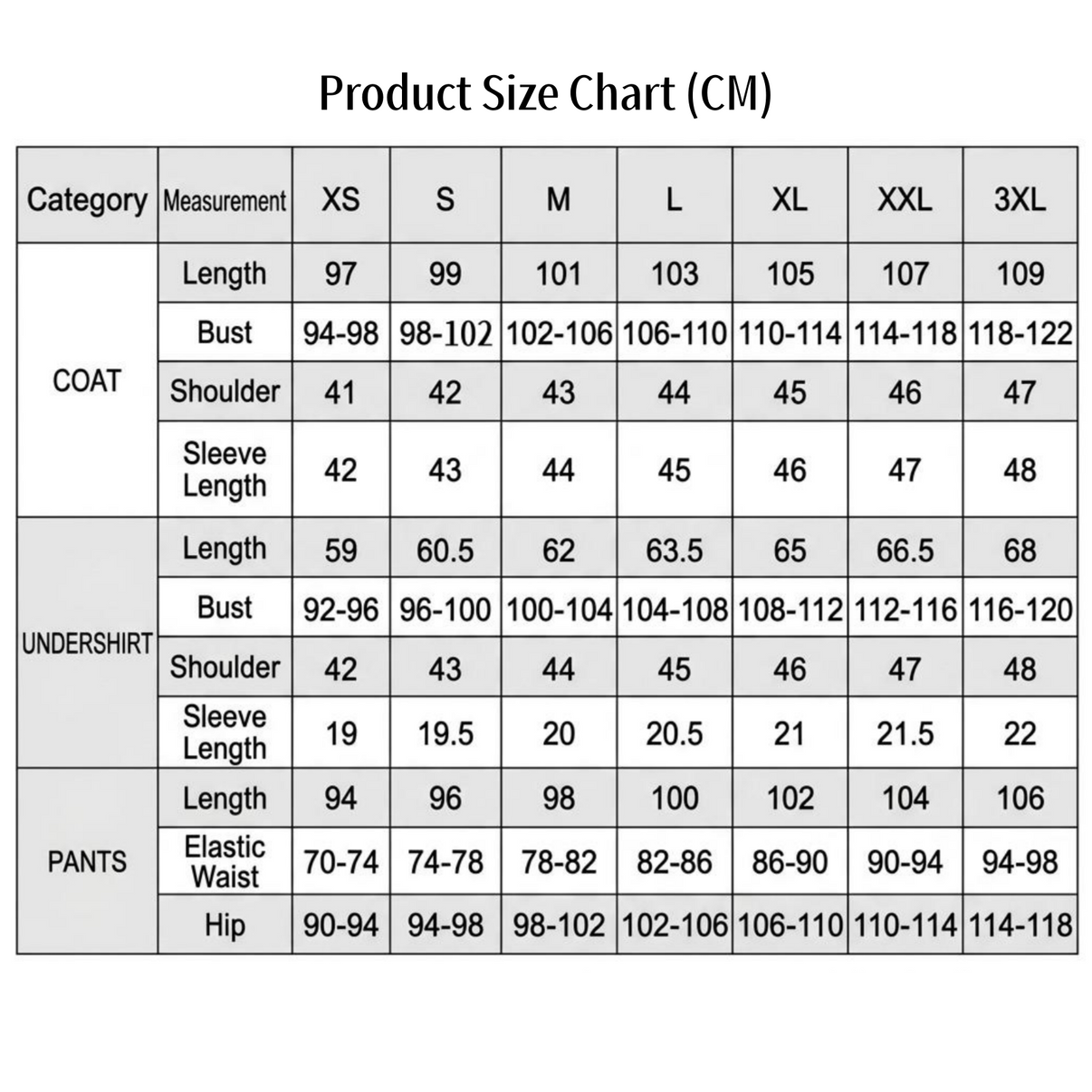 male trailblazer cos jacket undershirt trousers cm measurement size table xs to 3xl bust shoulder length waist hip data