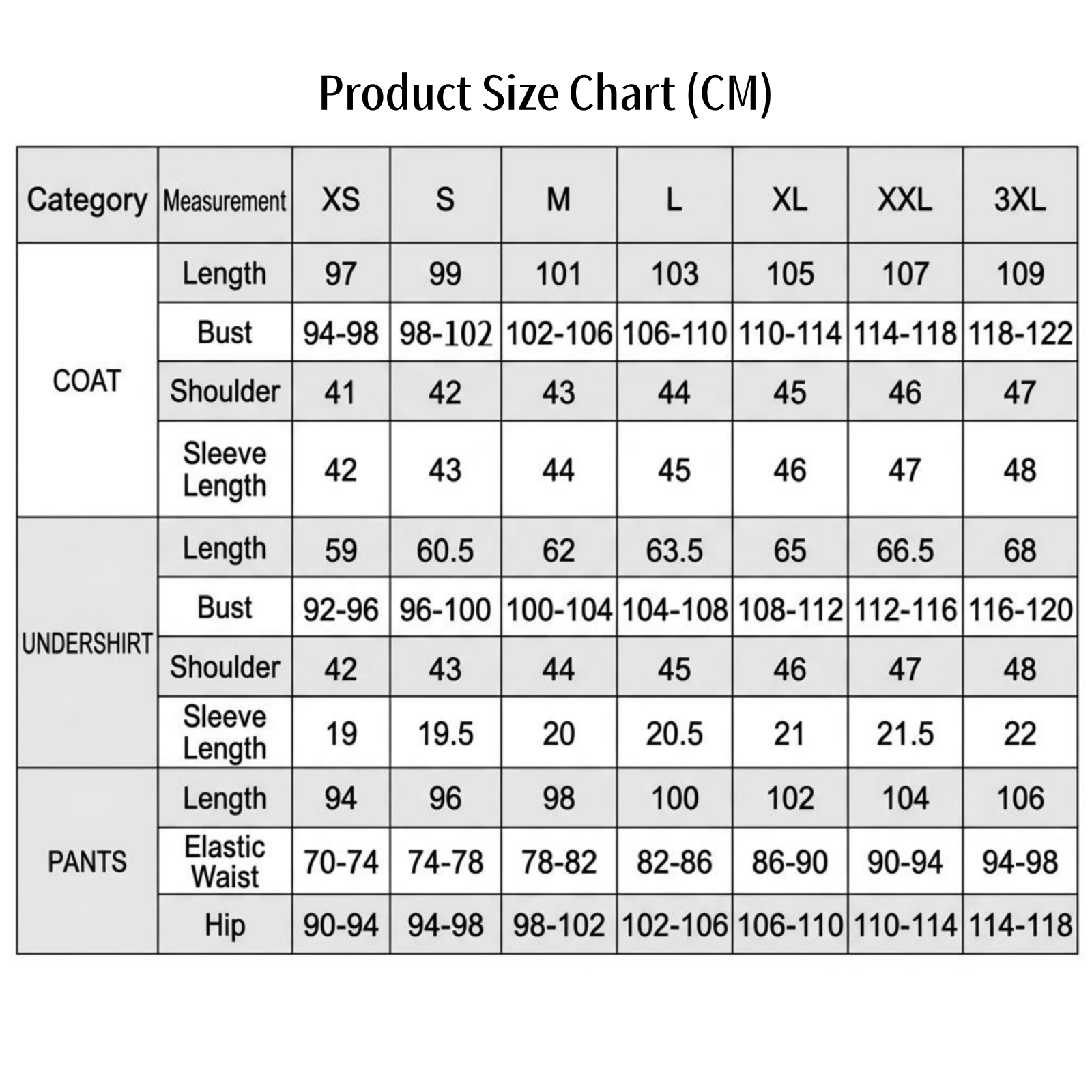 male trailblazer cos jacket undershirt trousers cm measurement size table xs to 3xl bust shoulder length waist hip data
