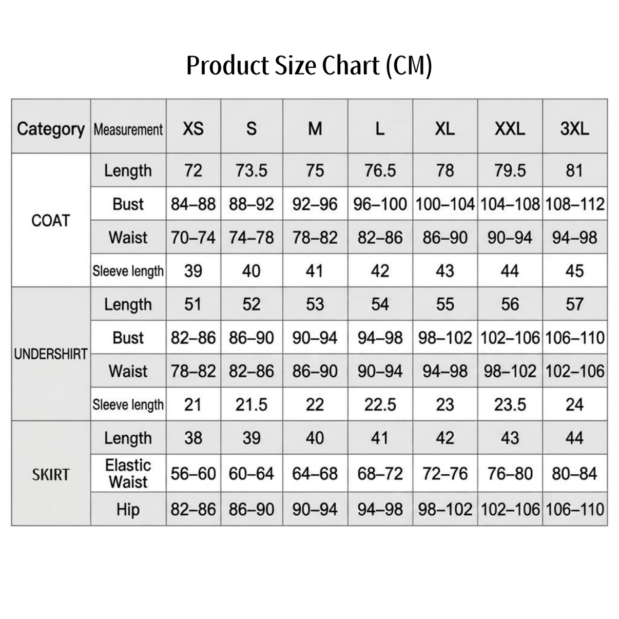 female trailblazer cos coat undershirt skirt cm measurement size table xs to 3xl