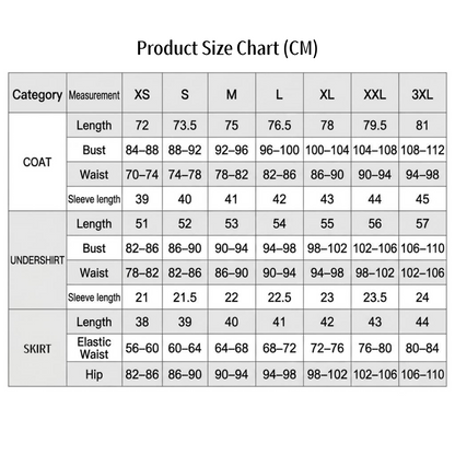 female trailblazer cos coat undershirt skirt cm measurement size table xs to 3xl