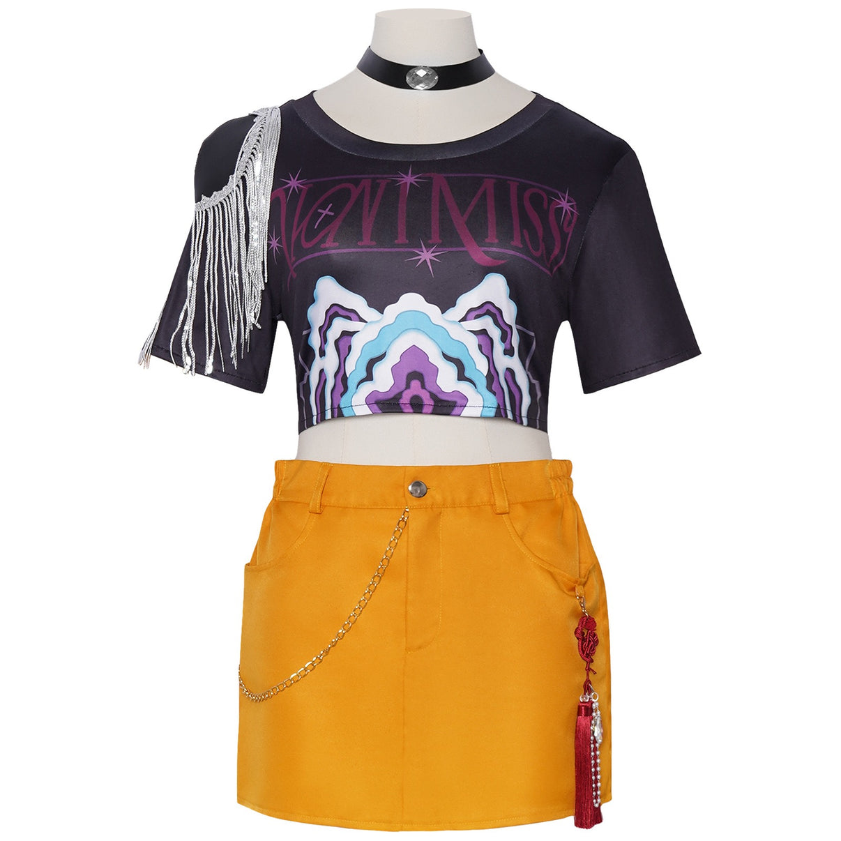 huntrix mira cosplay black printed crop top silver shoulder fringe yellow mini skirt