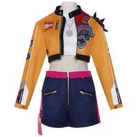 huntrix rumi cosplay costume orange printed crop jacket navy shorts front full view