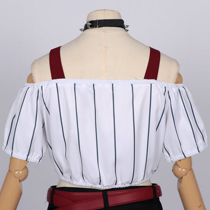 back view white striped off shoulder crop top for jujutsu kaisen kirara hoshi cosplay