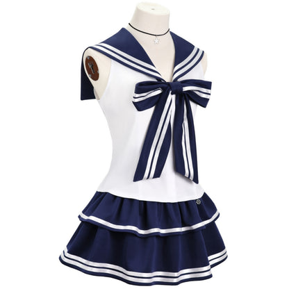 navy white sleeveless jk sailor costume side view layered cake skirt striped sailor collar