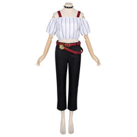 front full body kirara hoshi cosplay costume striped top black capri pants red belts