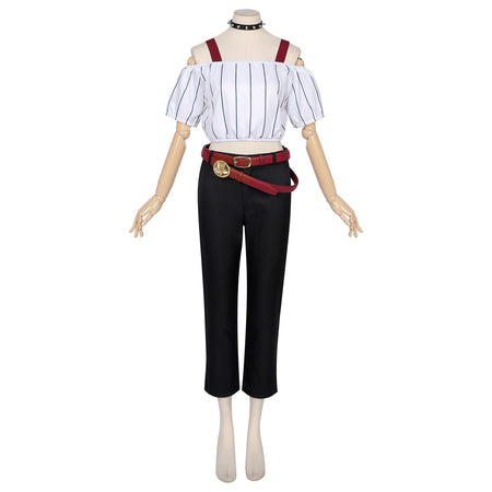 front full body kirara hoshi cosplay costume striped top black capri pants red belts