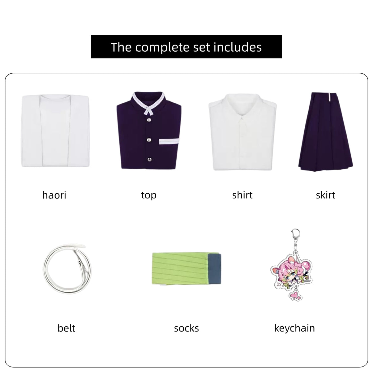 complete set accessories kanroji mitsuri cosplay purple dress jacket skirt belt keychain demon slayer
