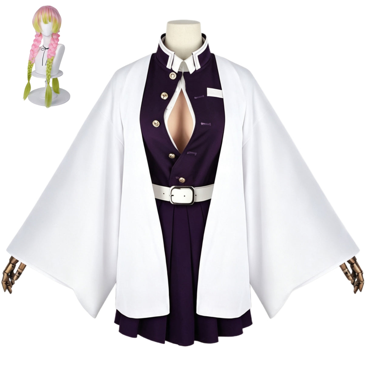 kanroji mitsuri cosplay full set with pink green twin braid wig purple dress white belt demon slayer
