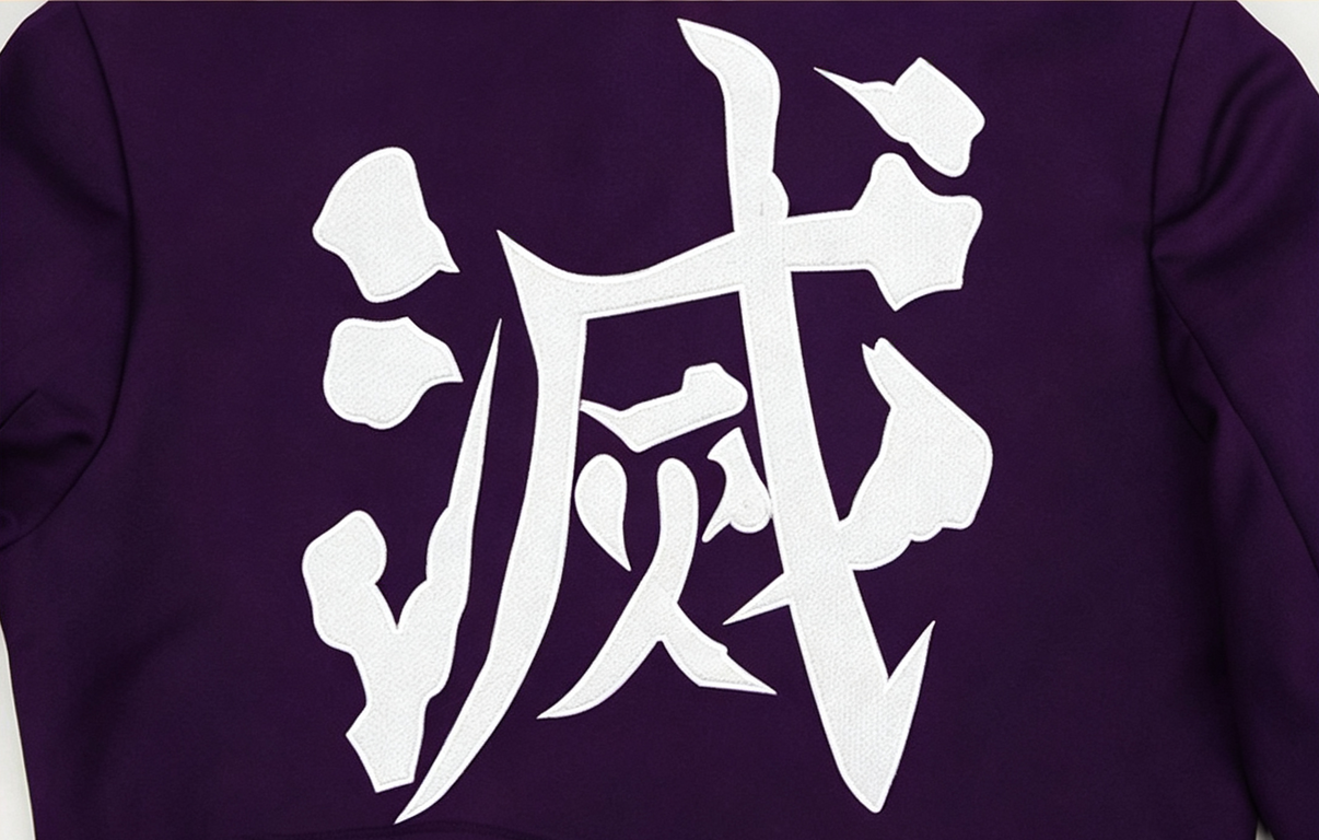 close up white metsu kanji embroidery on purple kanroji mitsuri cosplay jacket demon slayer