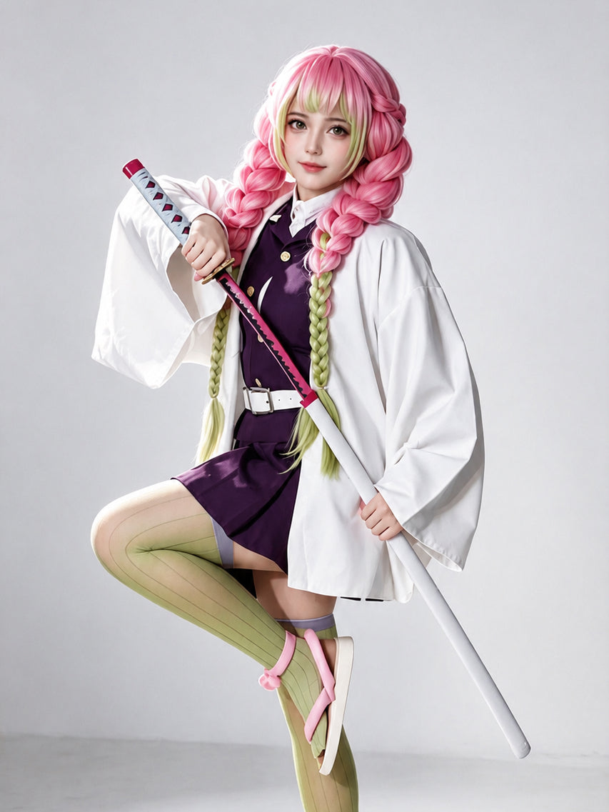 front view kanroji mitsuri cosplay purple long sleeve dress white belt gold buttons demon slayer