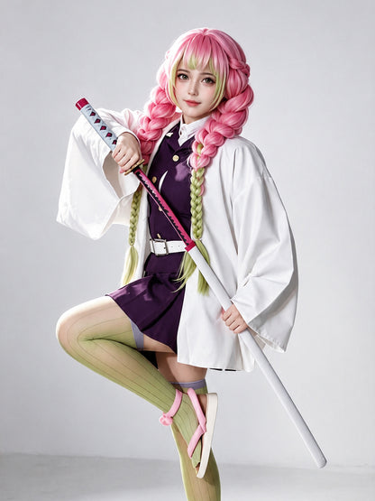 front view kanroji mitsuri cosplay purple long sleeve dress white belt gold buttons demon slayer