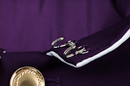 close up silver hook clasp collar detail gold button kanroji mitsuri purple cosplay jacket