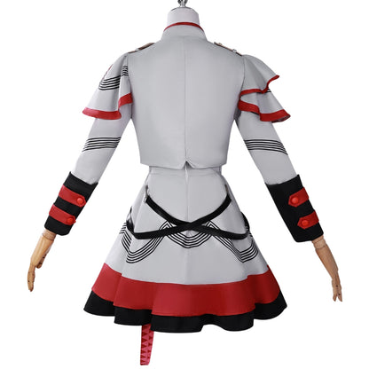 back view of kasane teto full cosplay outfit white red black long‑sleeve top layered skirt for women cosplay party