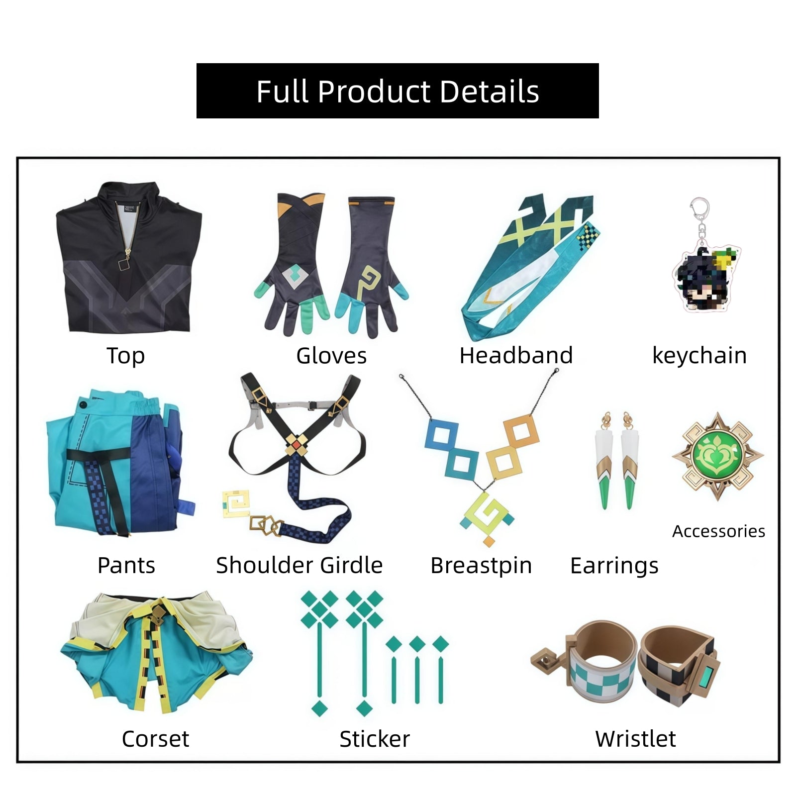 Genshin Kinich cosplay top gloves jewelry headband vision props pack