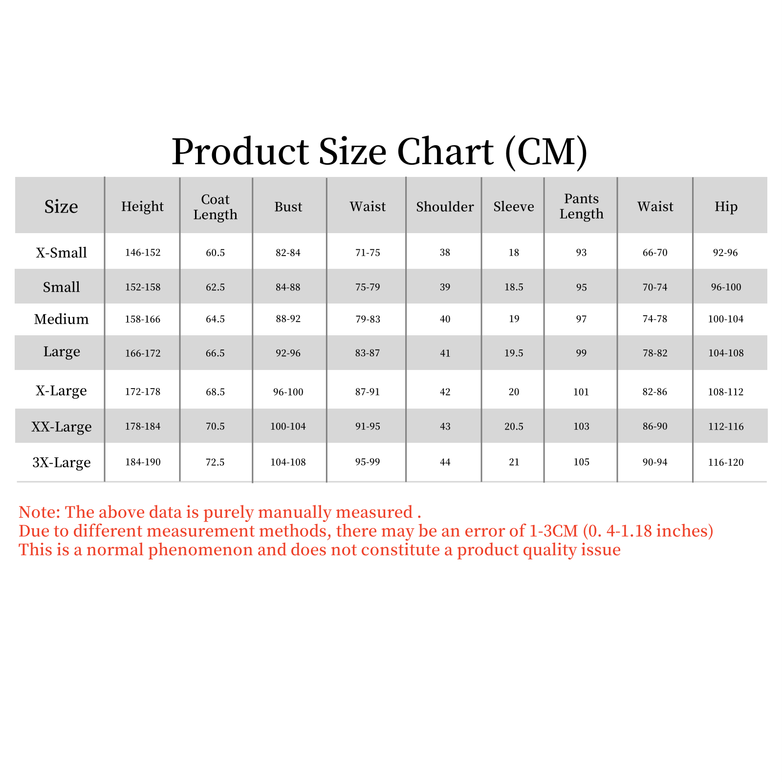 Genshin Kinich cosplay costume size chart