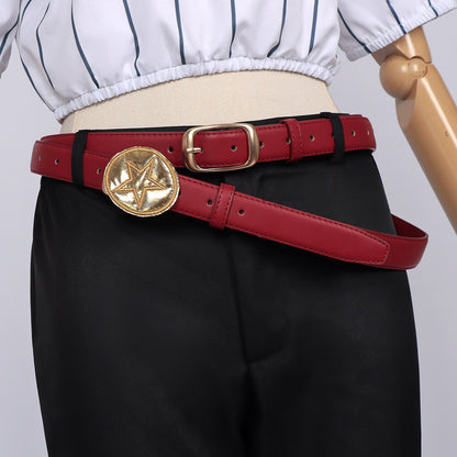gold star emblem buckle red double belt close up for jjk kirara hoshi cosplay costume