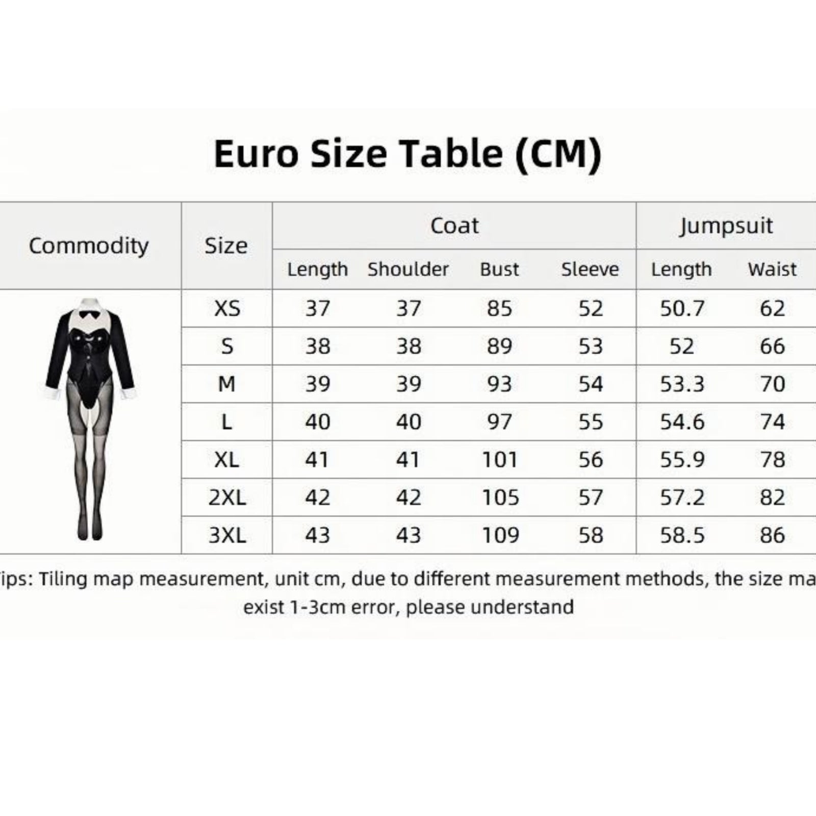 my dress-up darling marin bunny suit coat bodysuit measurement table xs to 3xl cm