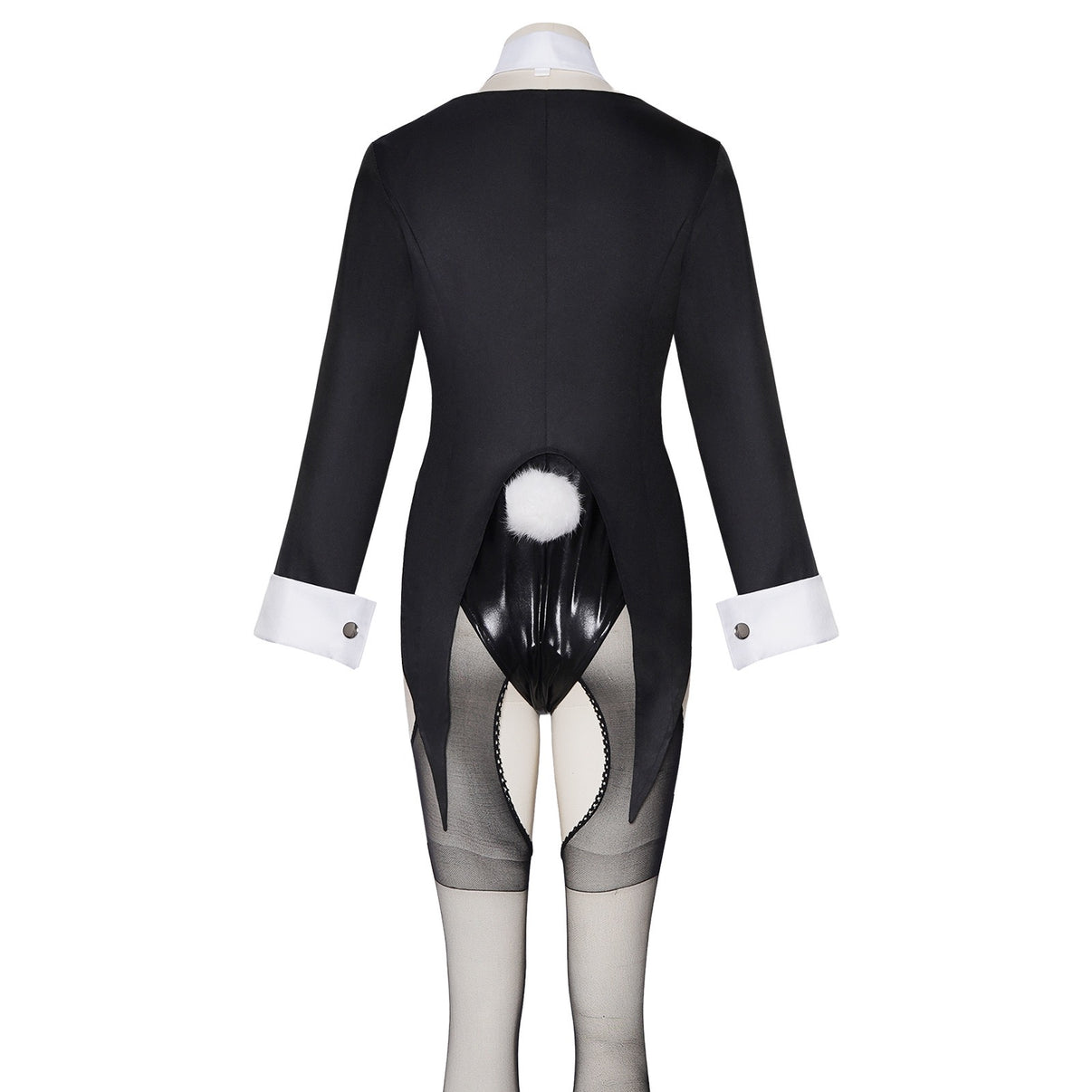 my dress-up darling black bunny suit back view white pom pom tail white cuffs mesh cutout tights