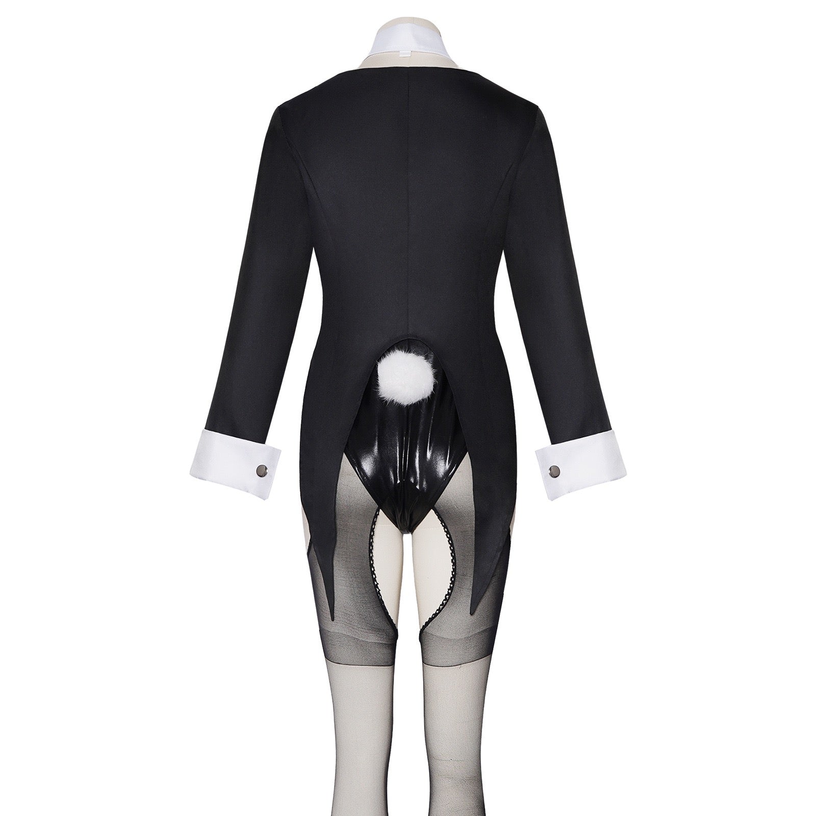 my dress-up darling black bunny suit back view white pom pom tail white cuffs mesh cutout tights