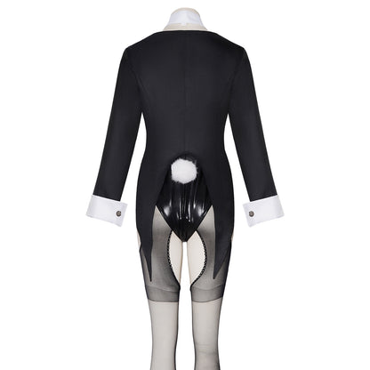 my dress-up darling black bunny suit back view white pom pom tail white cuffs mesh cutout tights
