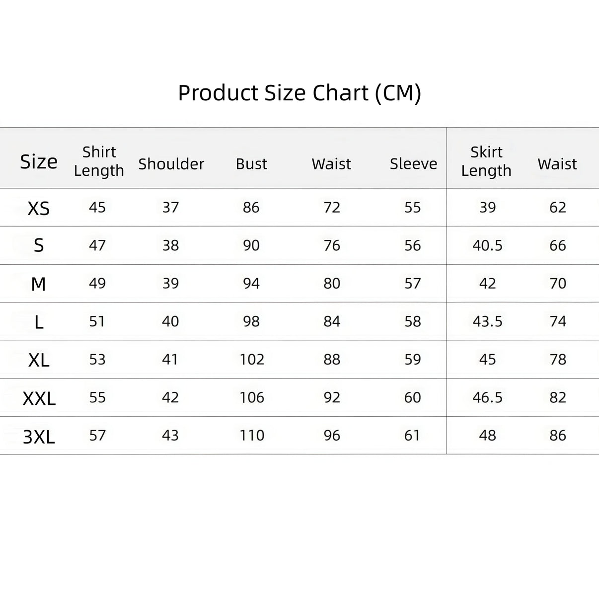 women anime jk school costume size chart xs to 3xl cm measurements