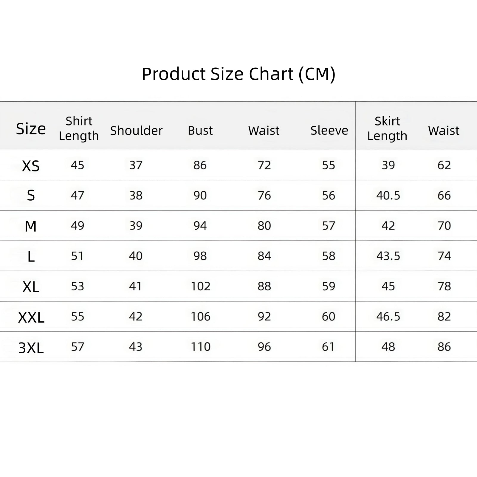 women anime jk school costume size chart xs to 3xl cm measurements
