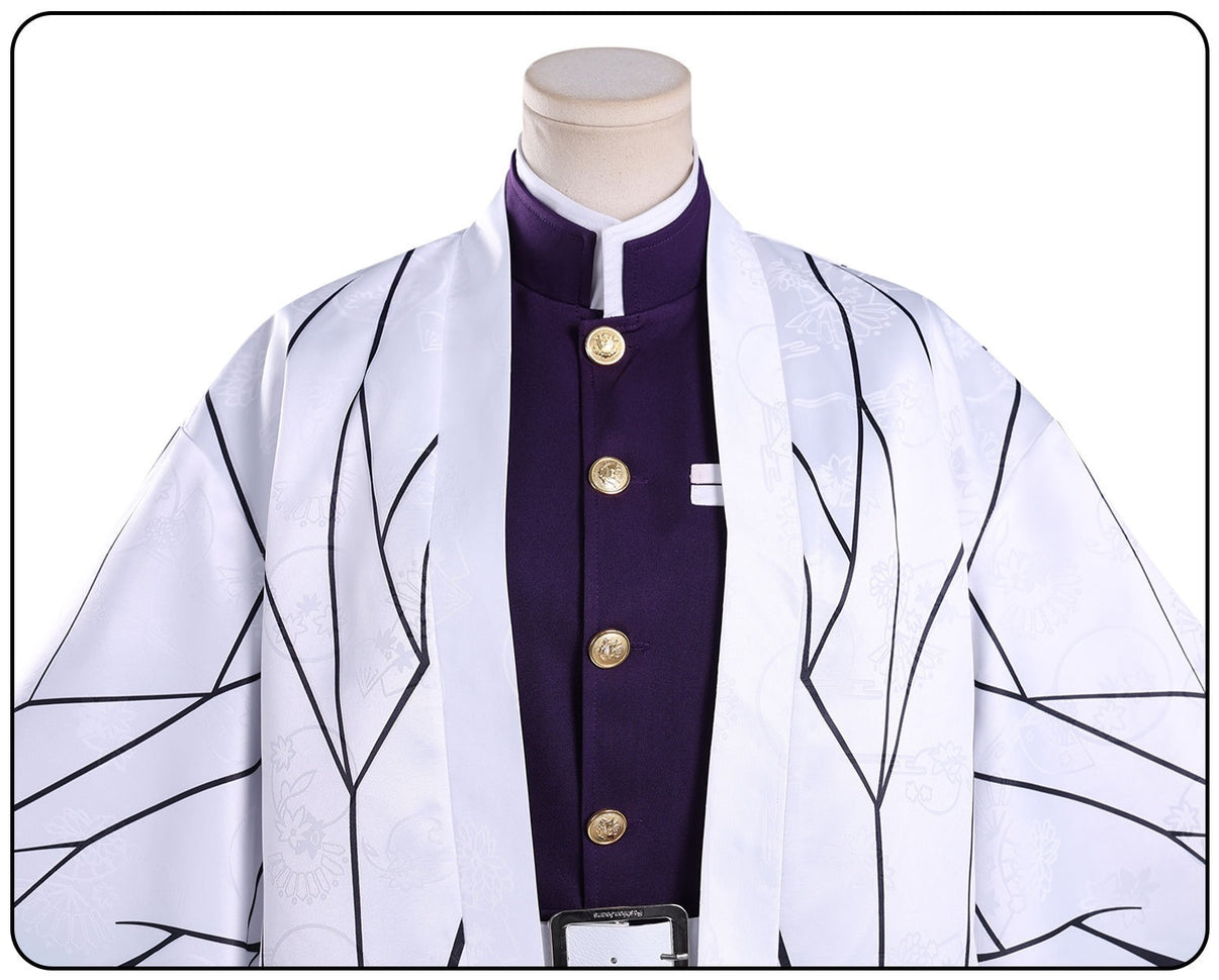 demon slayer cosplay shinobu cosplay purple uniform top gold buttons white butterfly kimono haori close up