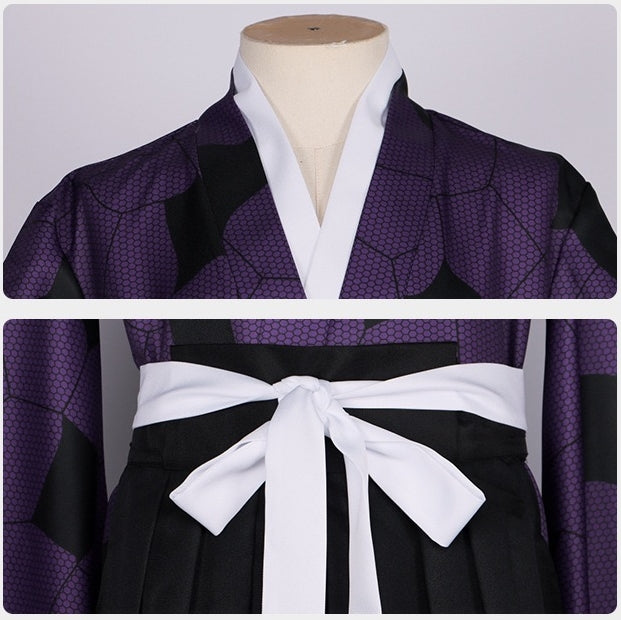 purple print kimono collar and white obi belt details for kokushibou cosplay costume