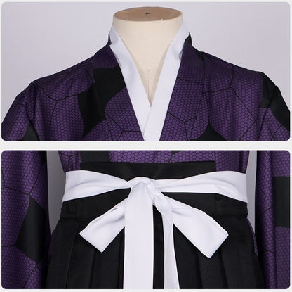 purple print kimono collar and white obi belt details for kokushibou cosplay costume