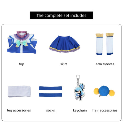 konosuba aqua cosplay accessories breakdown blue top skirt detached arm sleeves leg wraps hair clips acrylic keychain