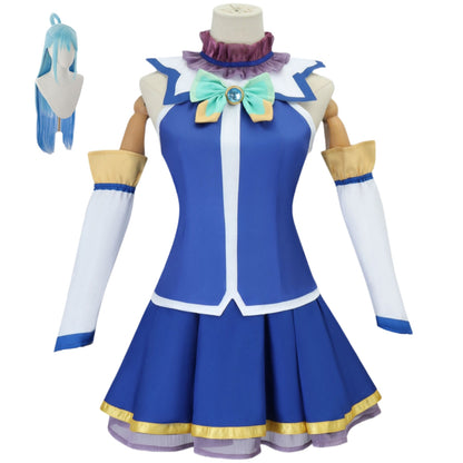 konosuba aqua cosplay full outfit blue uniform with light blue long ponytail wig anime party suit