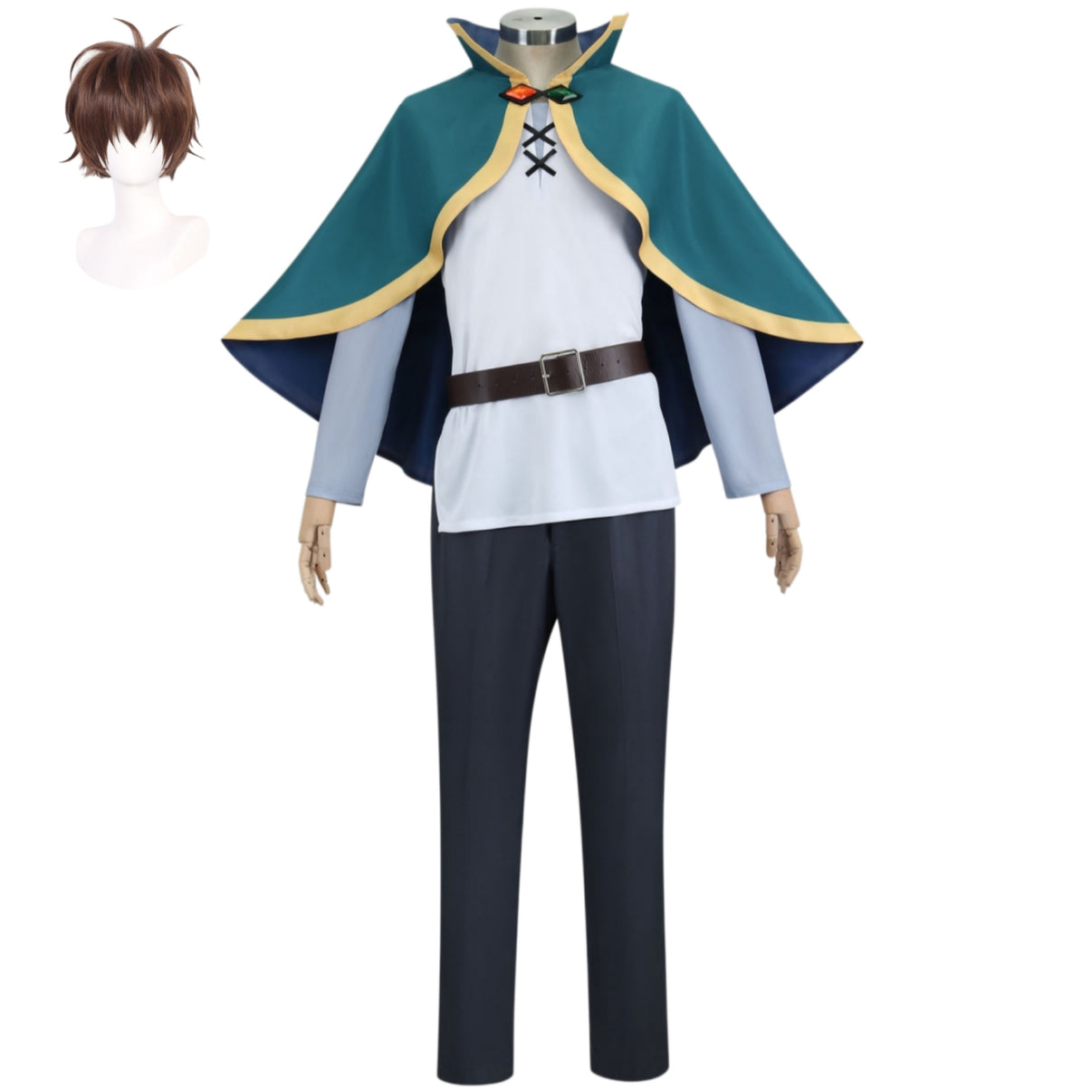 konosuba kazuma satou cosplay costume complete outfit green cape with brown wig anime character suit