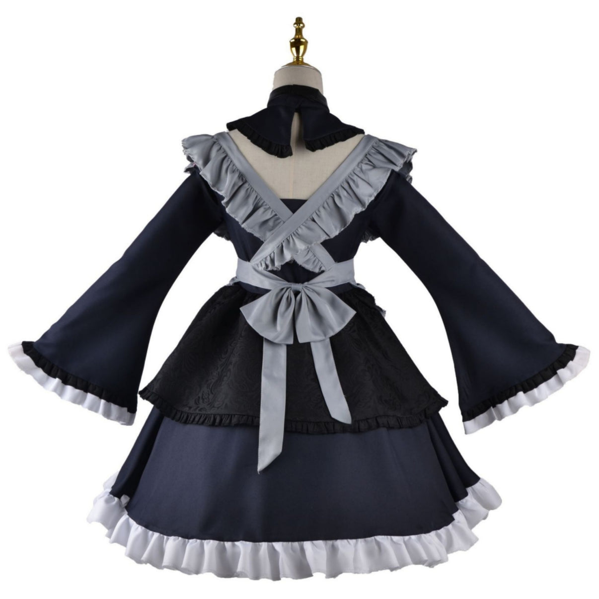 gothic lolita maid uniform cross back frill large gray waist bow jacquard overlay ruffle hem back view