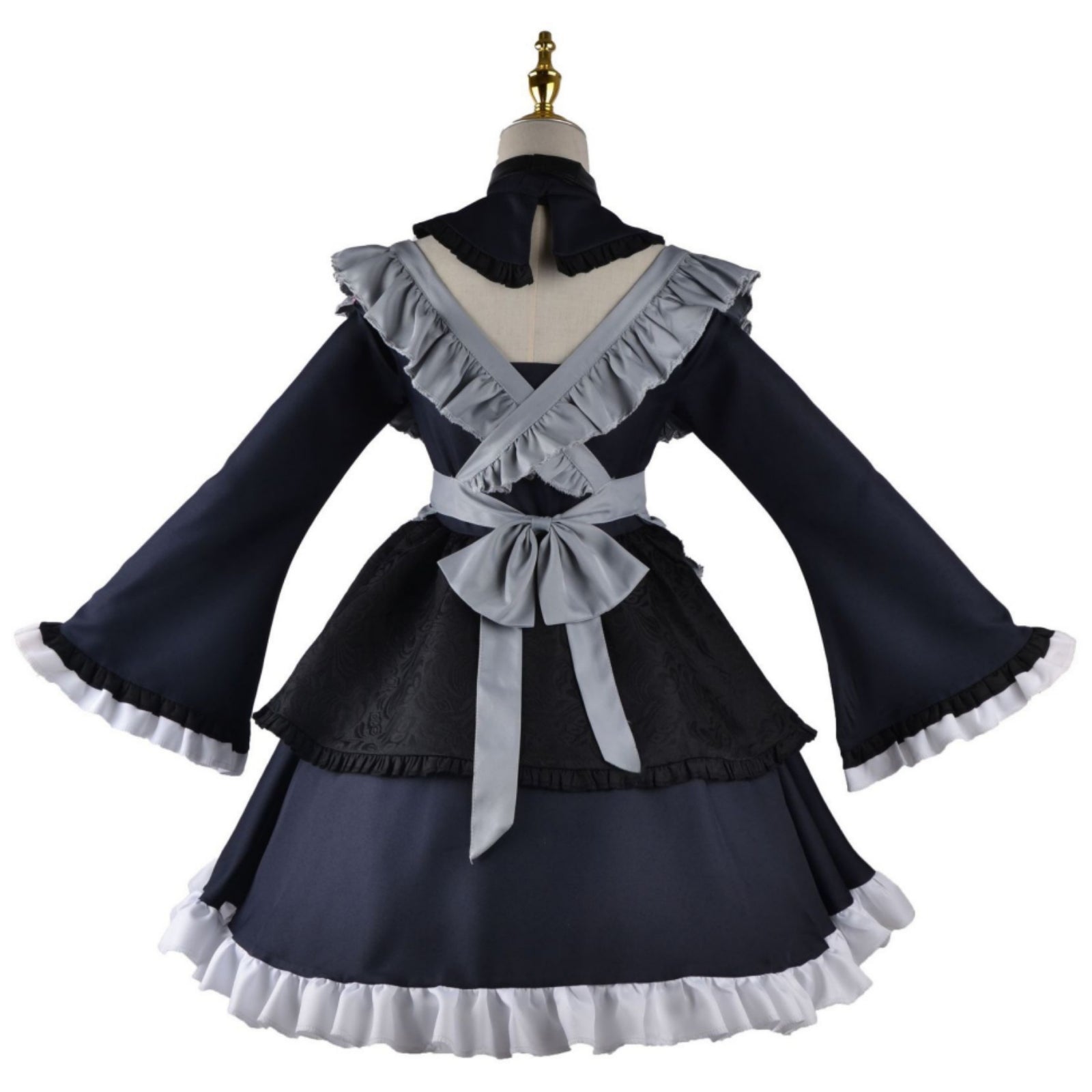 gothic lolita maid uniform cross back frill large gray waist bow jacquard overlay ruffle hem back view