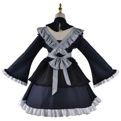 gothic lolita maid uniform cross back frill large gray waist bow jacquard overlay ruffle hem back view
